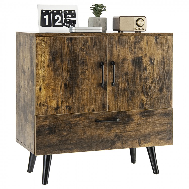 Mid-century storage cabinet in rustic brown featuring a wide tabletop, perfect for displaying ornaments or small.